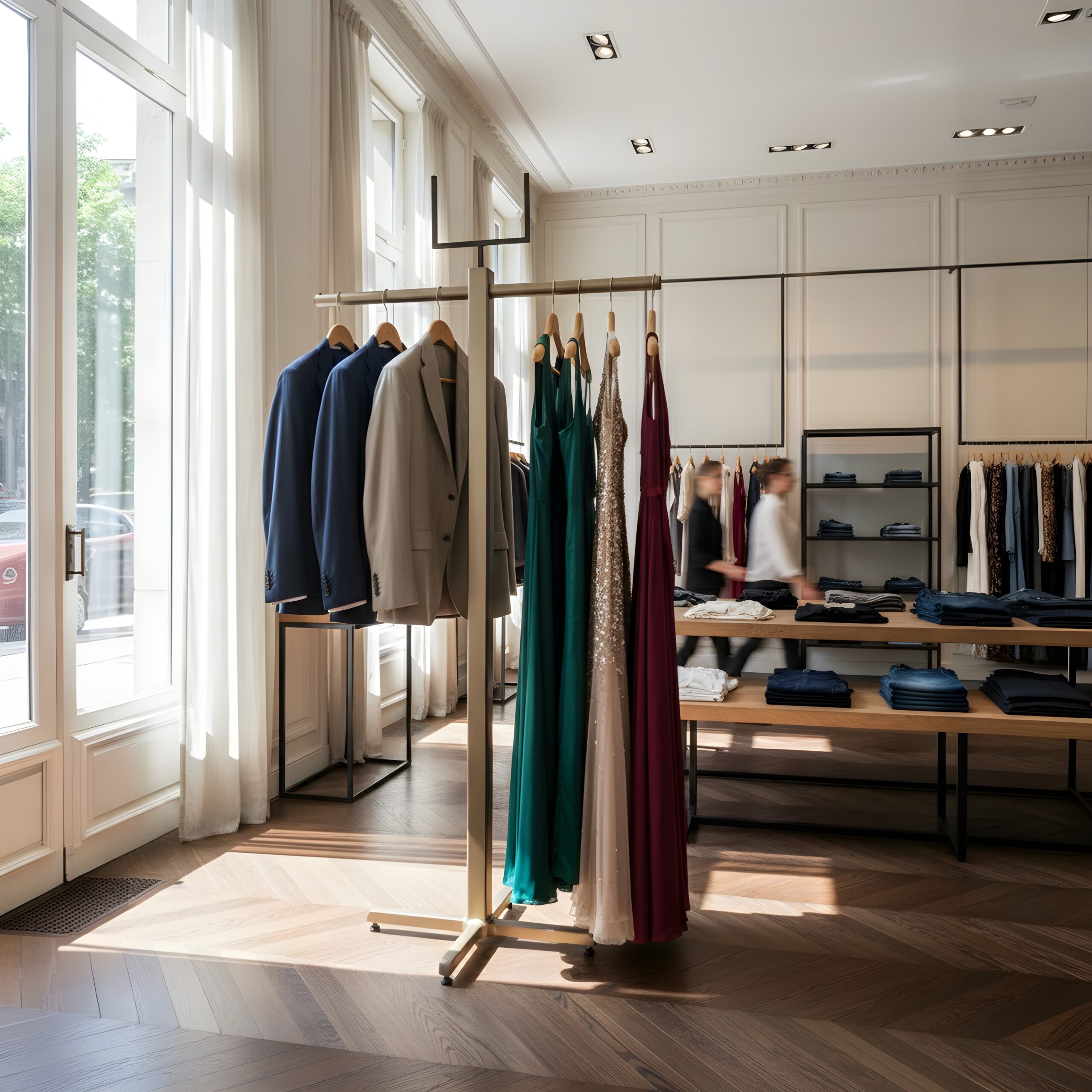 Kledingrek staand model winkelinterieur.