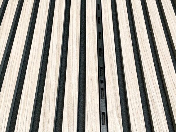 Wandpaneel montageprofiel. U ziet de uitsparingen waaraan de accessoires komen te hangen en de schroefgaten om het profiel tegen de achterwand te monteren.