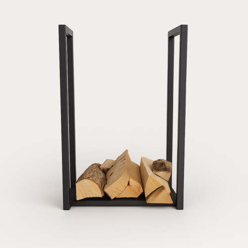 Haardblokhouder met hout vooraanzicht gevuld met hout.