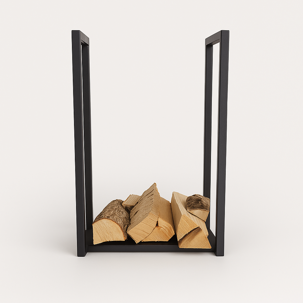 Haardblokhouder met hout vooraanzicht gevuld met hout.