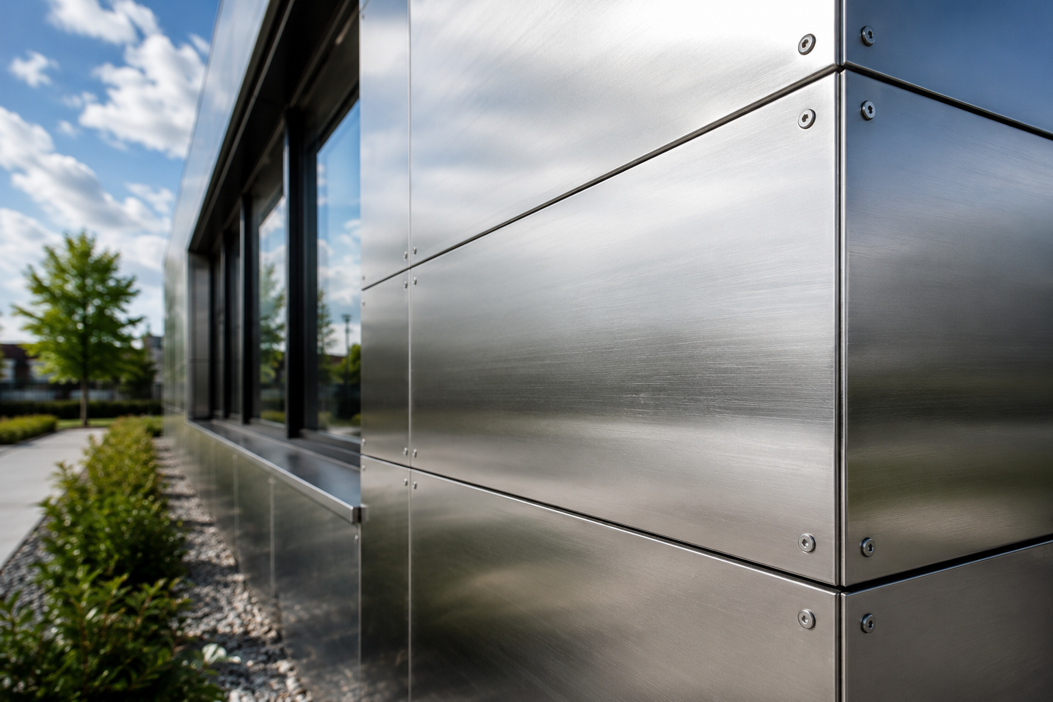 RVS gevelbekleding buiten met metalen platen en zichtbare bevestiging